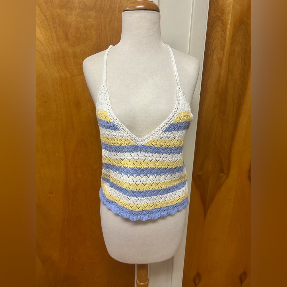 French Connection crochet striped scalloped tank top